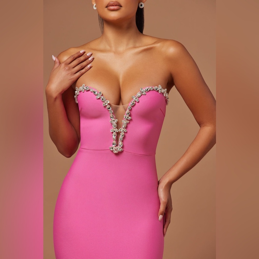 Fashion Nova Odessa Embellished Bandage Gown Pink Strapless Maxi | NWT Size S - Picture 4 of 17